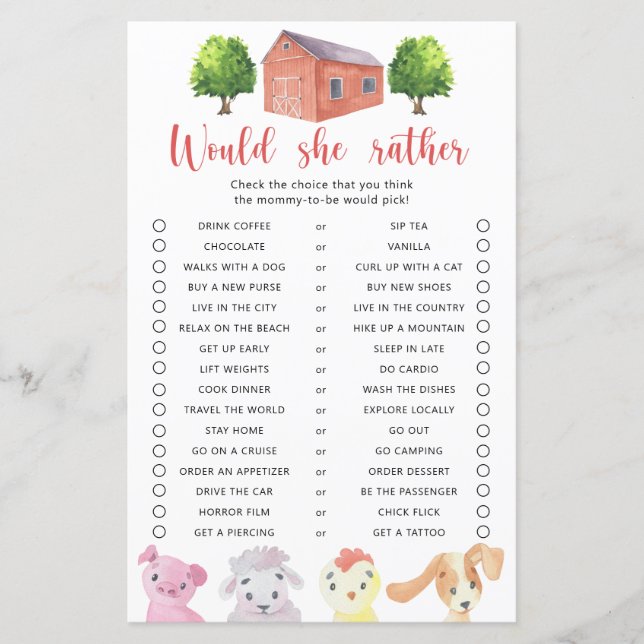 Farm / Would She Rather Baby Shower Game (Front)