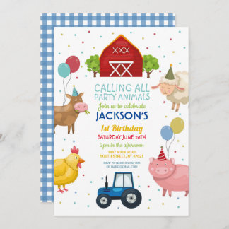 Farm Yard Animals 1st Kids Birthday Blue Tractor Invitation