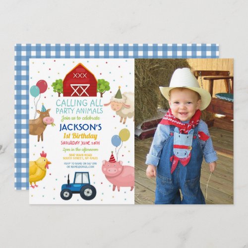 Farm Yard Animals 1st Kids Birthday Blue Tractor  Invitation