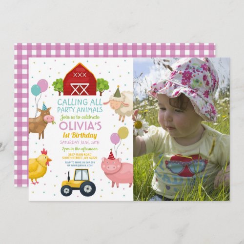 Farm Yard Animals 1st Kids Birthday Pink Girls Invitation