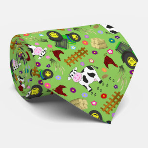 Farm yard cow and green tractor neck tie