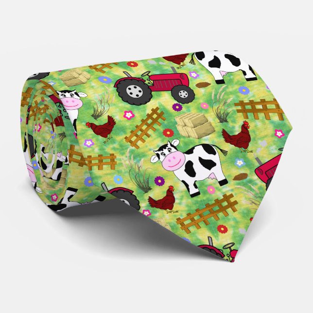 Farm yard cow and red tractor neck tie (Rolled)