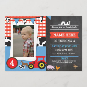 Farm Yard Photo Birthday Party Blue Boy's Invite