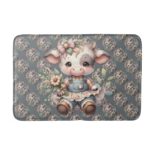 Farmcore Kawaii Calf in Vintage Floral Dress Bath Mat