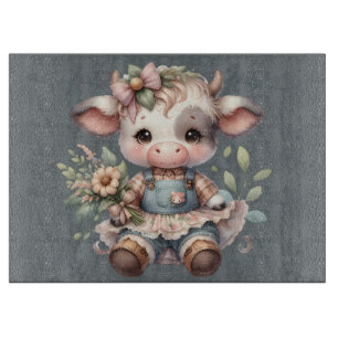 Farmcore Kawaii Calf in Vintage Floral Dress Cutting Board