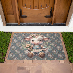 Farmcore Kawaii Calf in Vintage Floral Dress Doormat
