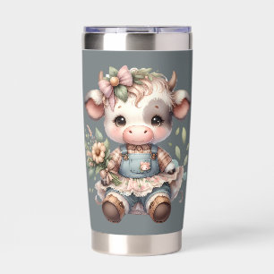 Farmcore Kawaii Calf in Vintage Floral Dress Insulated Tumbler