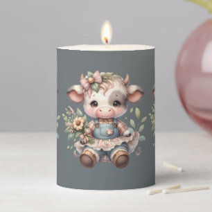 Farmcore Kawaii Calf in Vintage Floral Dress Pillar Candle