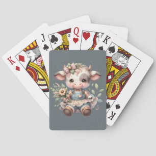 Farmcore Kawaii Calf in Vintage Floral Dress Poker Cards