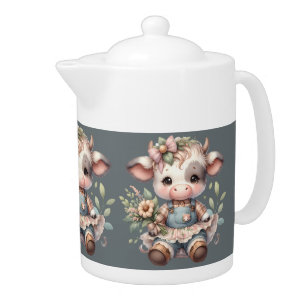 Farmcore Kawaii Calf in Vintage Floral Dress Teapot