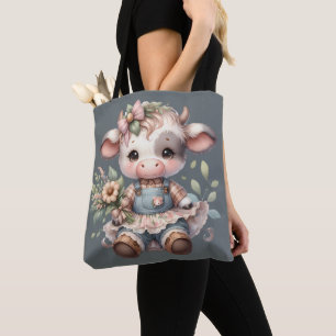 Farmcore Kawaii Calf in Vintage Floral Dress Tote Bag
