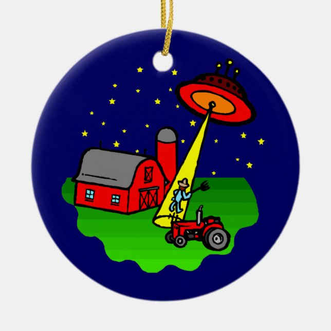 Farmer Alien Abduction Ceramic Ornament (Front)