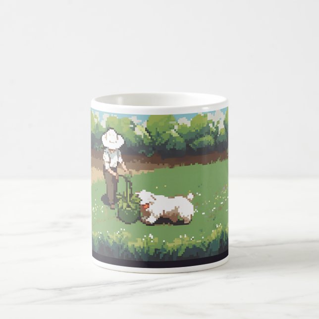 Farmer And A Dog In Pixel Art Coffee Mug (Center)
