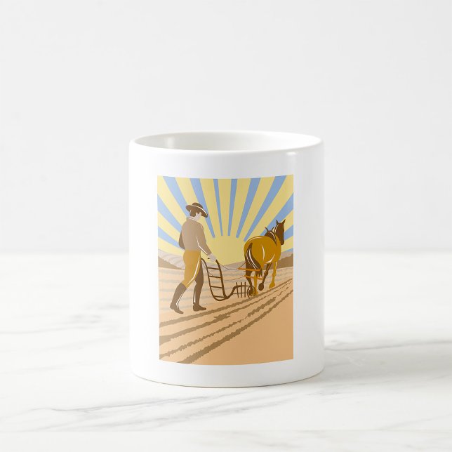 Farmer and Horse Plowing Field Retro Sunrise Coffee Mug (Creator Uploaded)