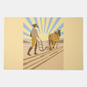 Farmer and Horse Plowing Field Retro Sunrise Doormat