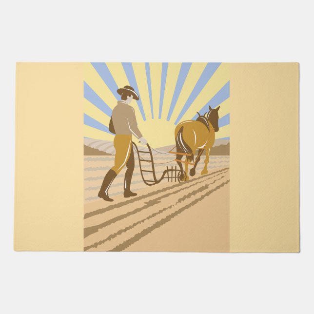 Farmer and Horse Plowing Field Retro Sunrise Doormat (Front)