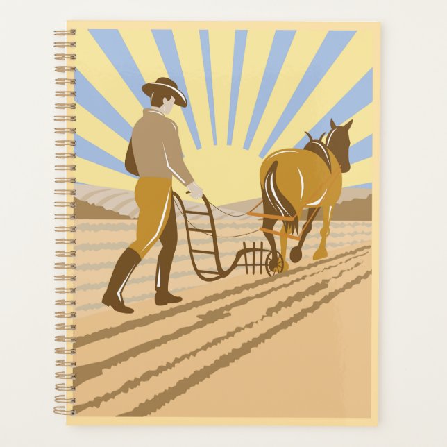 Farmer and Horse Plowing Field Retro Sunrise Planner (Front)