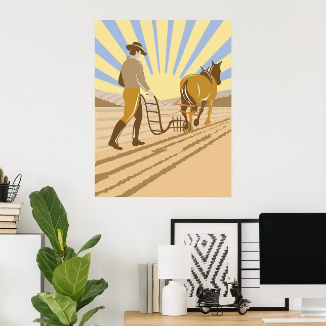Farmer and Horse Plowing Field Retro Sunrise Poster (Creator Uploaded)