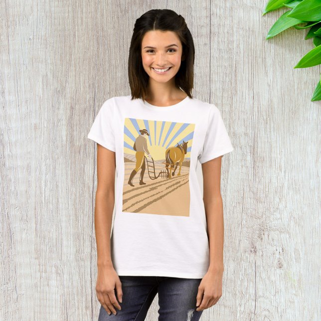 Farmer and Horse Plowing Field Retro Sunrise T-Shirt (Creator Uploaded)