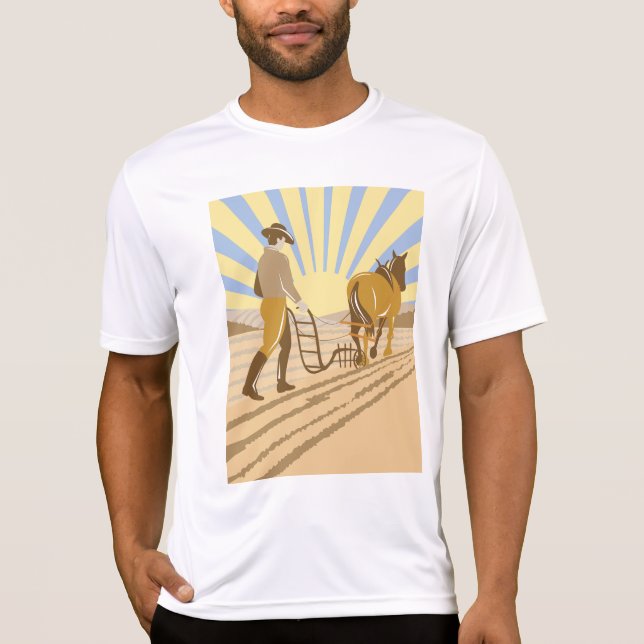 Farmer and Horse Plowing Field Retro Sunrise T-Shirt (Front)