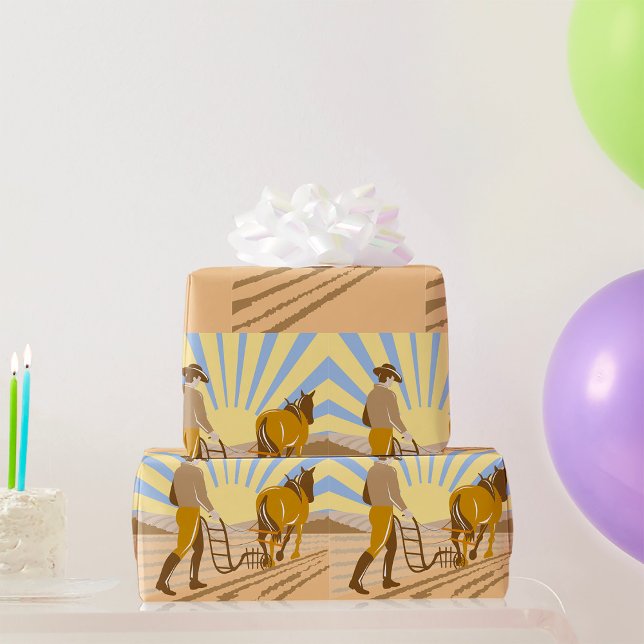 Farmer and Horse Plowing Field Retro Sunrise Wrapping Paper (Creator Uploaded)
