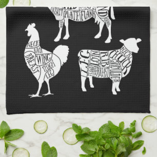 Farmer Butcher Meat Cuts Tea Towel Vintage Beef