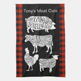 Farmer Butcher Meat Cuts Tea Towel Vintage Beef