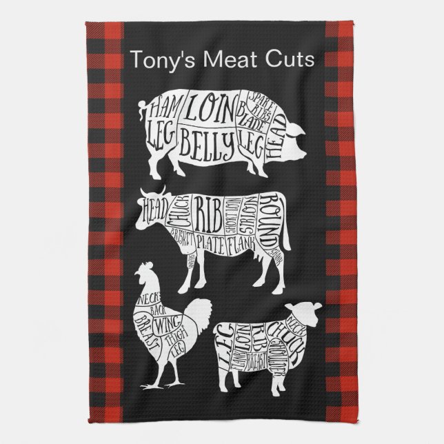 Farmer Butcher Meat Cuts Tea Towel | Vintage Beef  (Vertical)