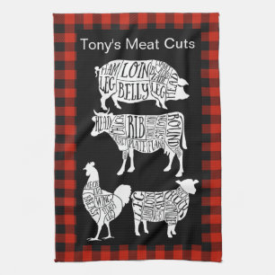 Farmer Butcher Meat Cuts Tea Towel Vintage Beef
