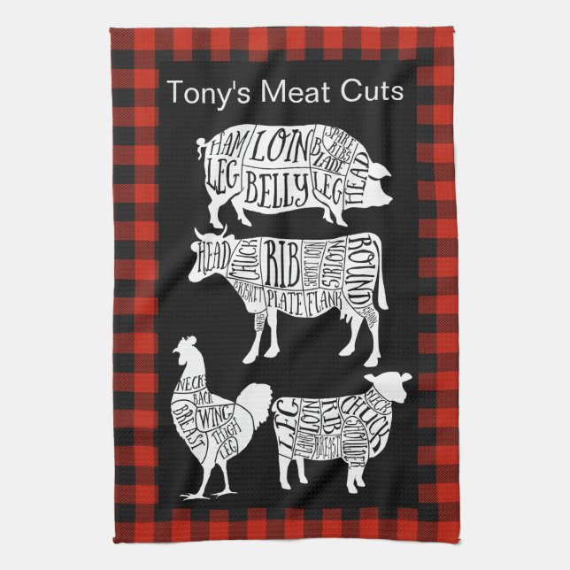 Farmer Butcher Meat Cuts Tea Towel | Vintage Beef  (Vertical)