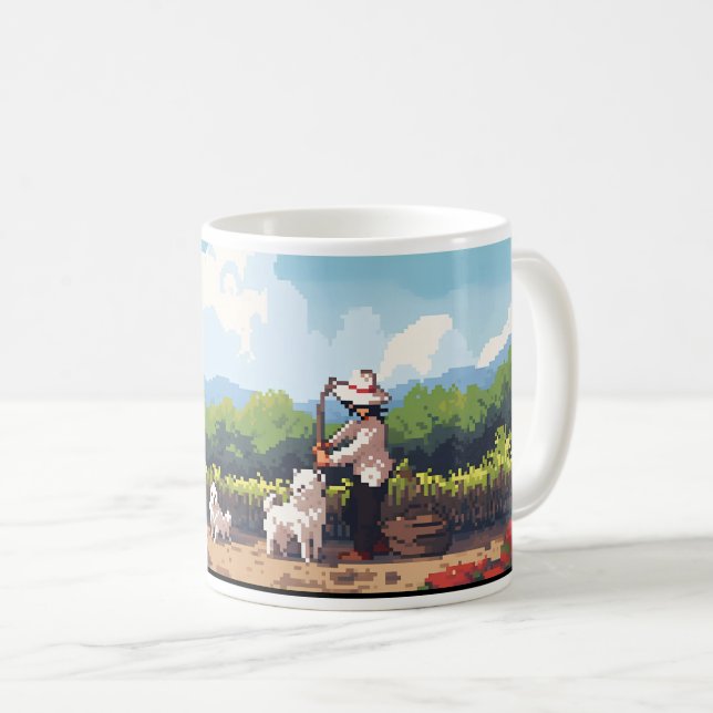 Farmer, Dog, And Farm In Pixel Coffee Mug (Front Right)