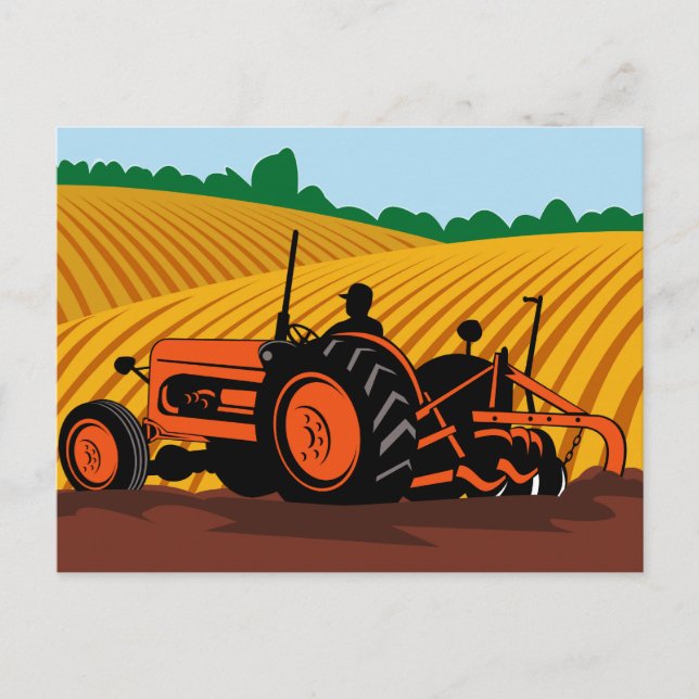 farmer driving farm tractor plowing field postcard (Front)