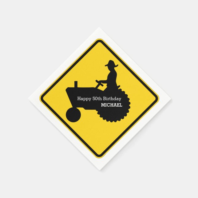 Farmer Driving Tractor Road Sign Personalized Paper Napkins (Corner)