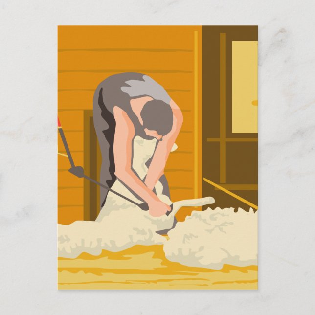 Farmer Farmworker Shearing Sheep WPA Postcard (Front)