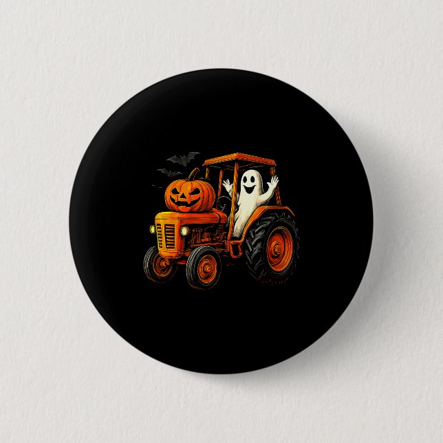 Farmer Ghost Tractor Pumpkin Soky Season Halloween Button (Front)
