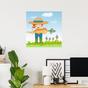 Farmer Girl with Giant Carrot Gardening Poster