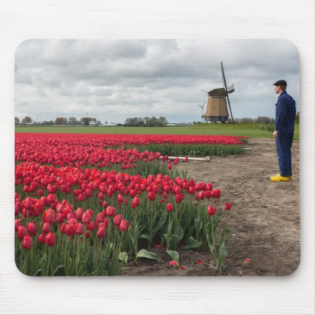 Farmer inspecting his tulips and windmill mouse pad (Front)