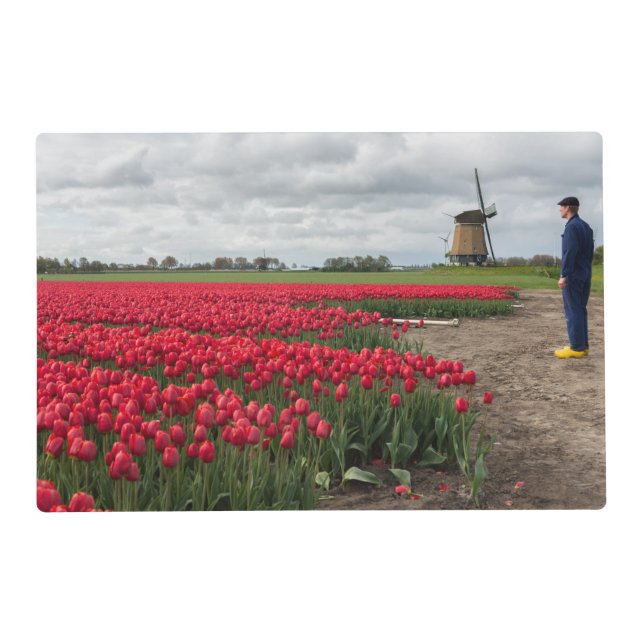 Farmer inspecting his tulips and windmill placemat (Back)