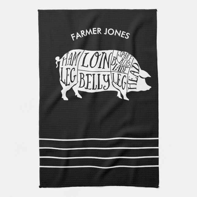 Farmer Pig Meat Cuts Kitchen Towel Butcher Diagram (Vertical)