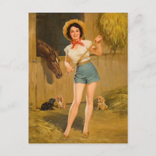 Farmer pinup girl postcard