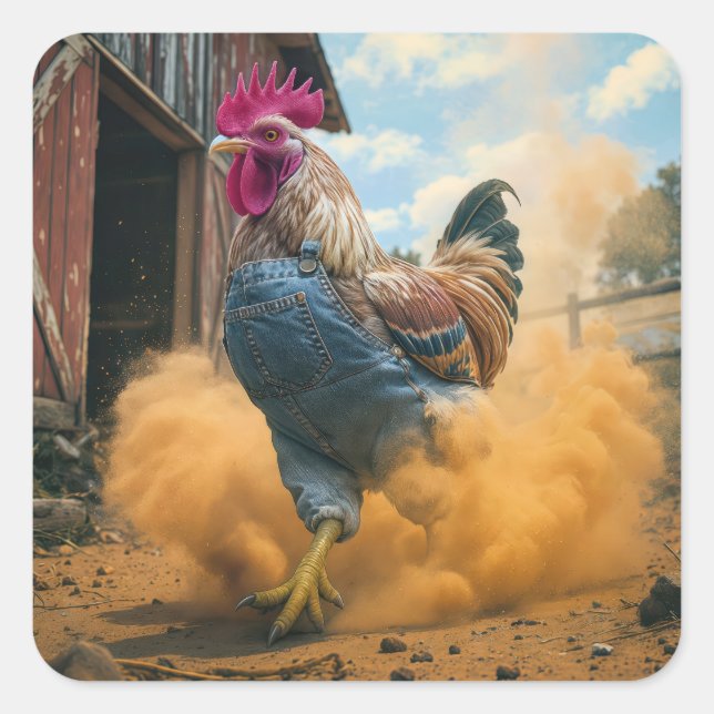 Farmer Rooster Kicking Up Dust Square Sticker (Front)