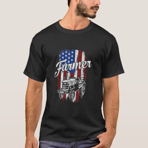 Farmer Tractor American Flag Farming Patriotic Far T_Shirt