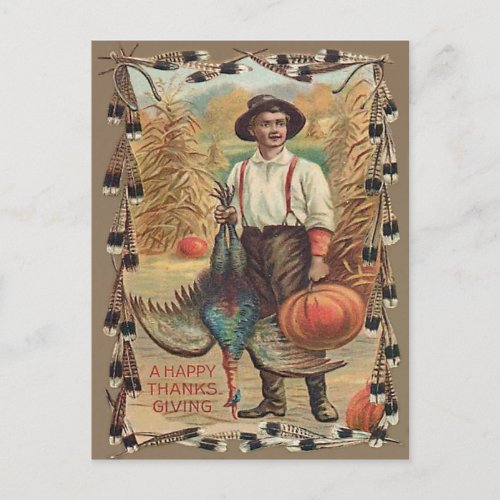 Farmer Turkey Pumpkin Corn Shock Feathers Postcard