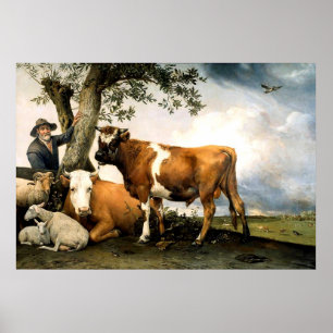 Farmer with cows and sheep poster