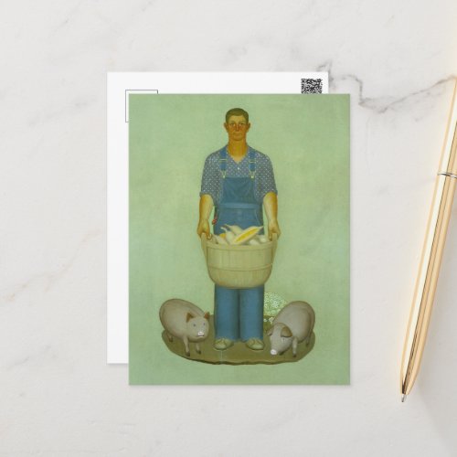 Farmer with Pigs and Corn by Grant Wood Holiday Postcard
