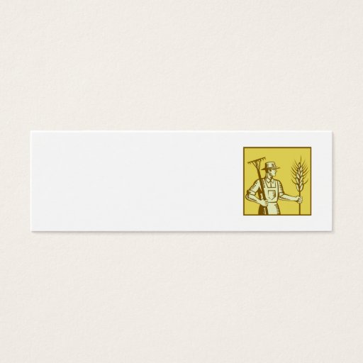 Customizable Farmer With Rake and Wheat Woodcut Business Card Template