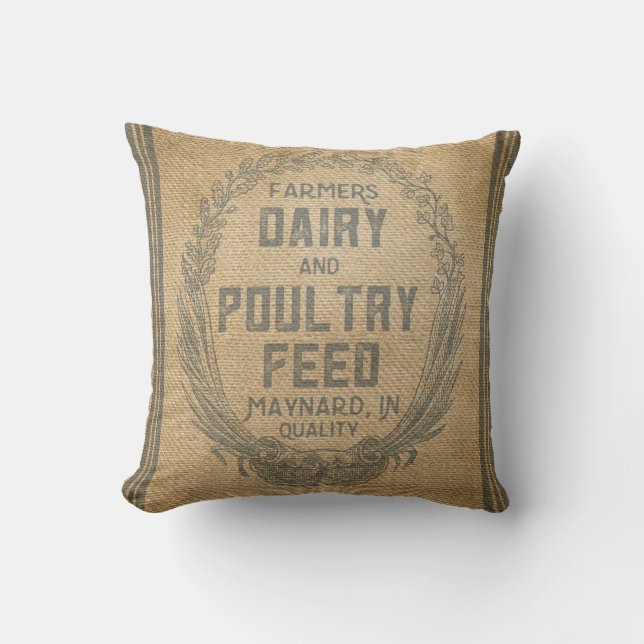 Farmers Dairy Poultry Feed Sack Burlap Throw Pillow (Front)