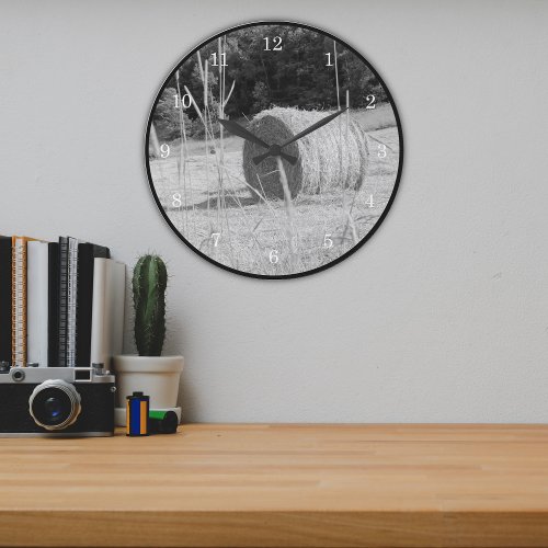 Farmers Hay Field Scene BW Round Bales in Summer Large Clock