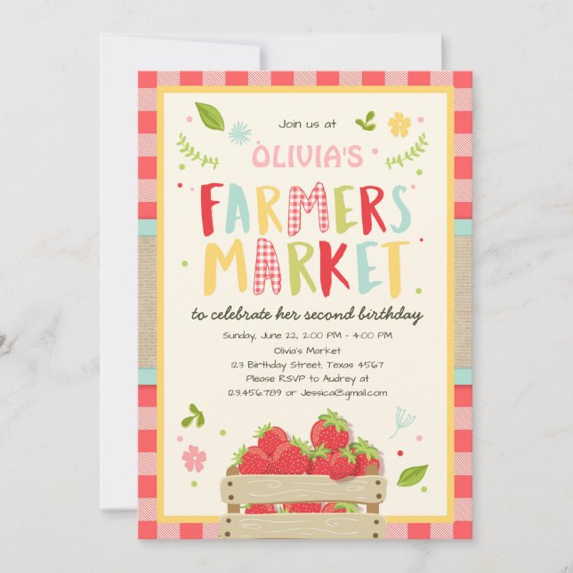 Farmers Market Birthday Invitation Strawberry Farm (Front)