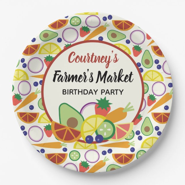 Farmer's Market Birthday Party Fruits and Veggies Paper Plates (Front)